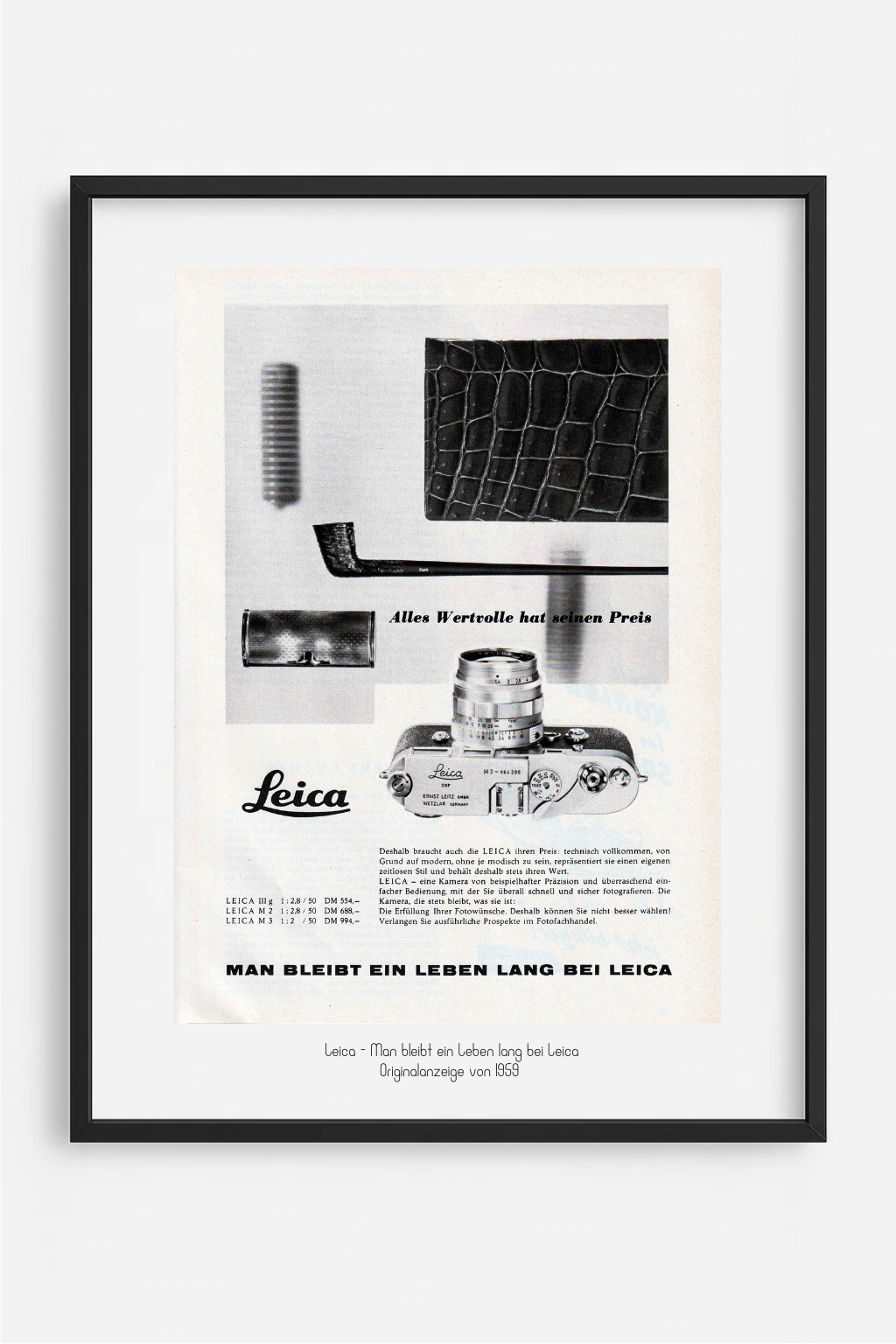 Leica M3 – Man bleibt ein Leben lang bei Leica, Originalanzeige von 1959, Serie: Nr. 2 von 3