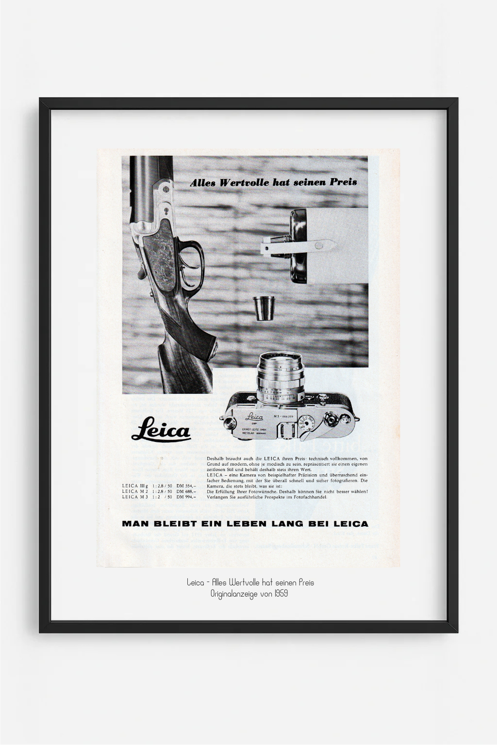Leica M3 – Alles Wertvolle hat seinen Preis, Originalanzeige 1959, Serie: Nr. 1 von 3