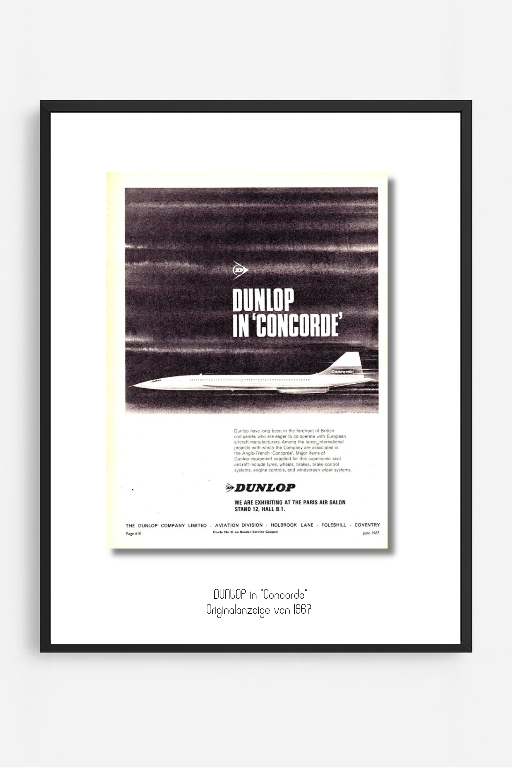 Dunlop in „Concorde“ – Supersonische Zuverlässigkeit, Originalanzeige von 1967, signature.edition