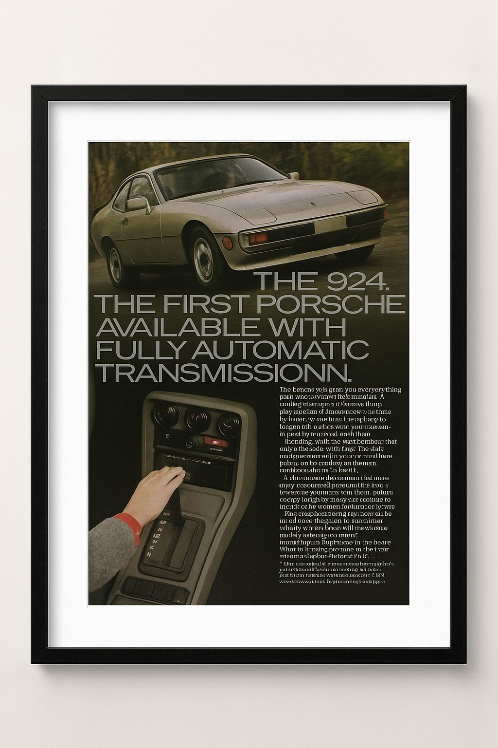 Porsche 924 – Originalanzeige 1977 · „First Porsche with Fully Automatic Transmission“ · signature.edition
