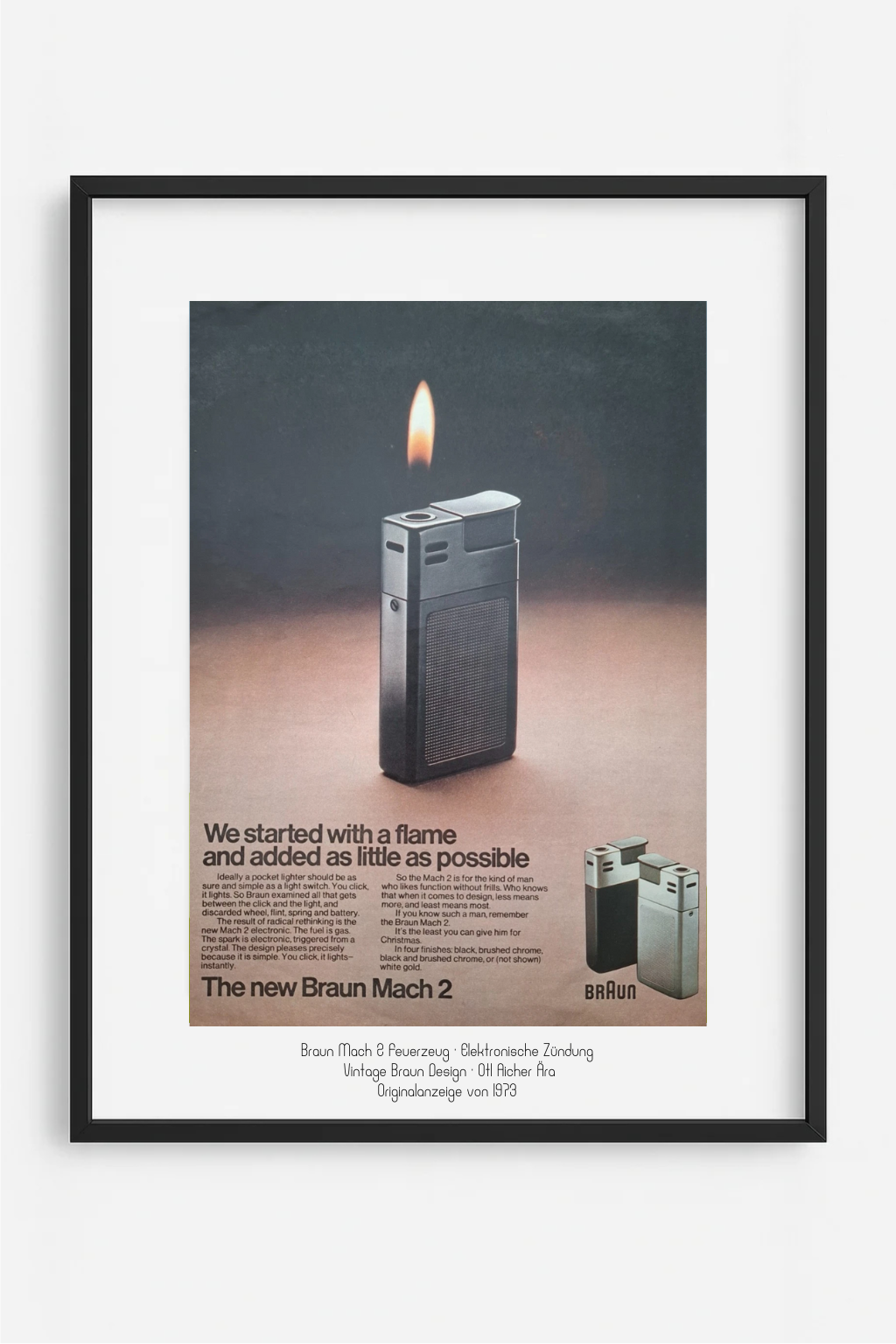 Braun Mach 2 Feuerzeug · Originalanzeige von 1973 · Elektronische Zündung · Vintage Braun Design · Otl Aicher Ära