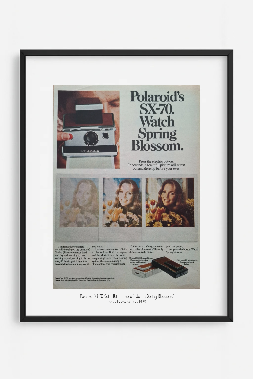 Polaroid SX-70 – Originalanzeige 1976 · „Watch Spring Blossom.“ · signature.edition