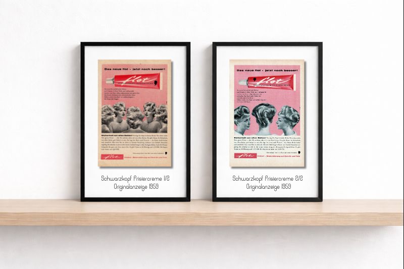 Schwarzkopf „flot“ · Frisiercreme · 1959 · Anzeigen-Duo (2 gerahmte Originalanzeigen, mini.series 13 × 18)