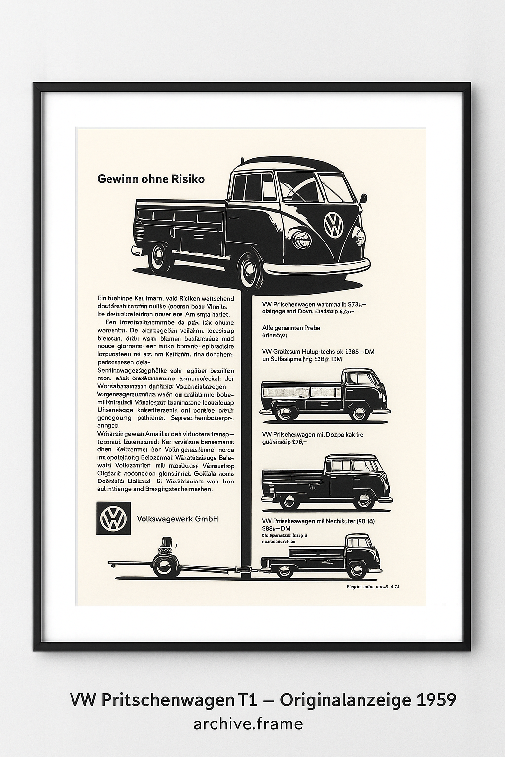 VW Pritschenwagen T1 – Originalanzeige 1959 – archive.frame
