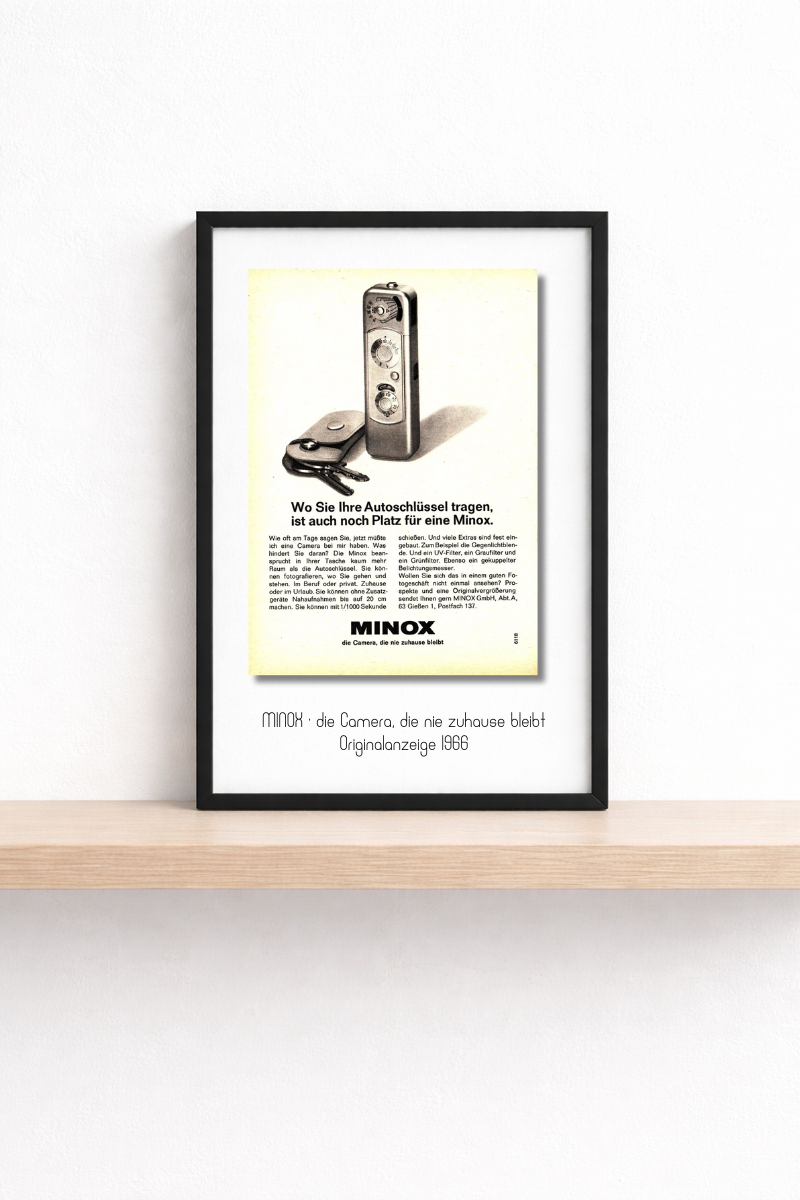 Minox · Taschenformat · „Die Camera, die nie zuhause bleibt“ · 1966 · Originalanzeige (13 × 18)